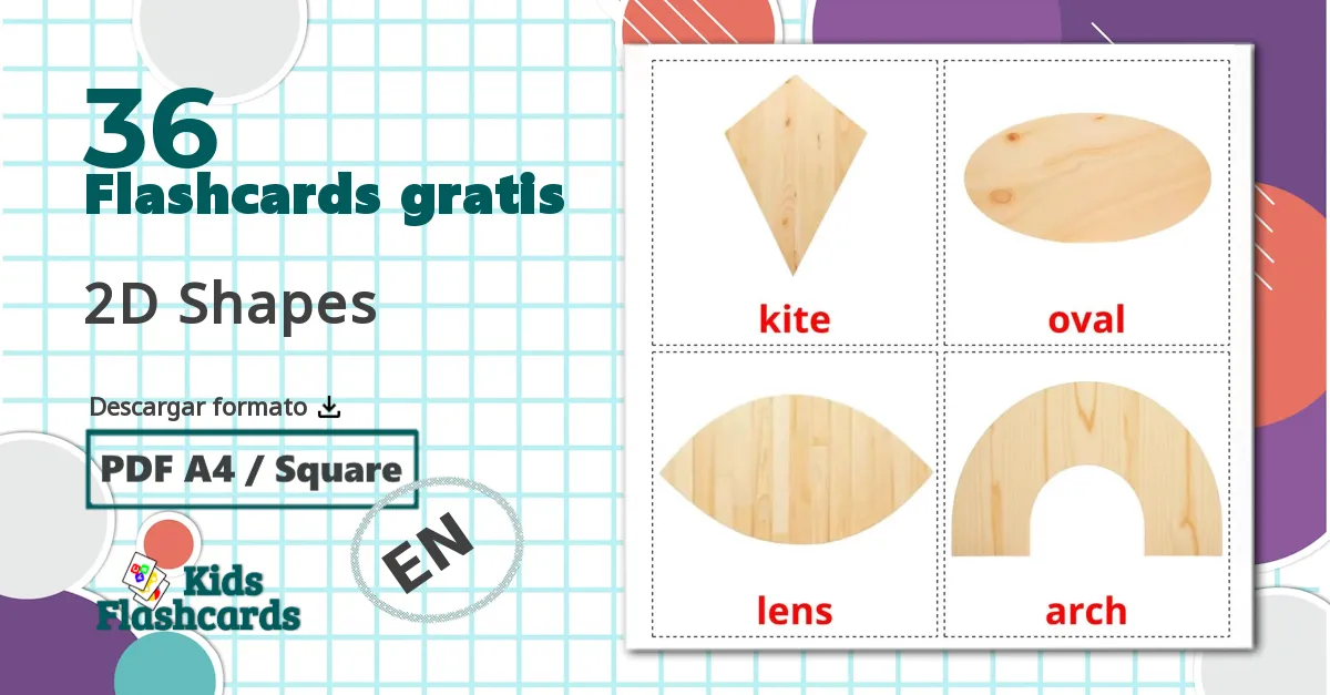 36 tarjetas didacticas de 2D Shapes