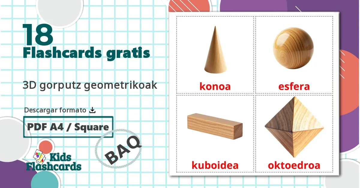 18 tarjetas didacticas de Formas 3D