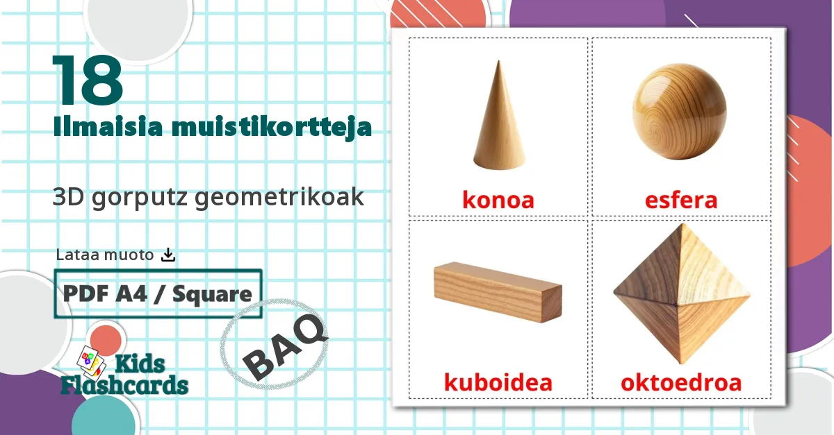 18 3D-muodot lasten kuvakortit