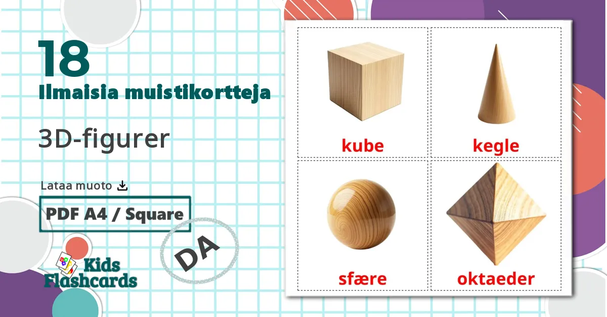 18 3D-muodot lasten kuvakortit