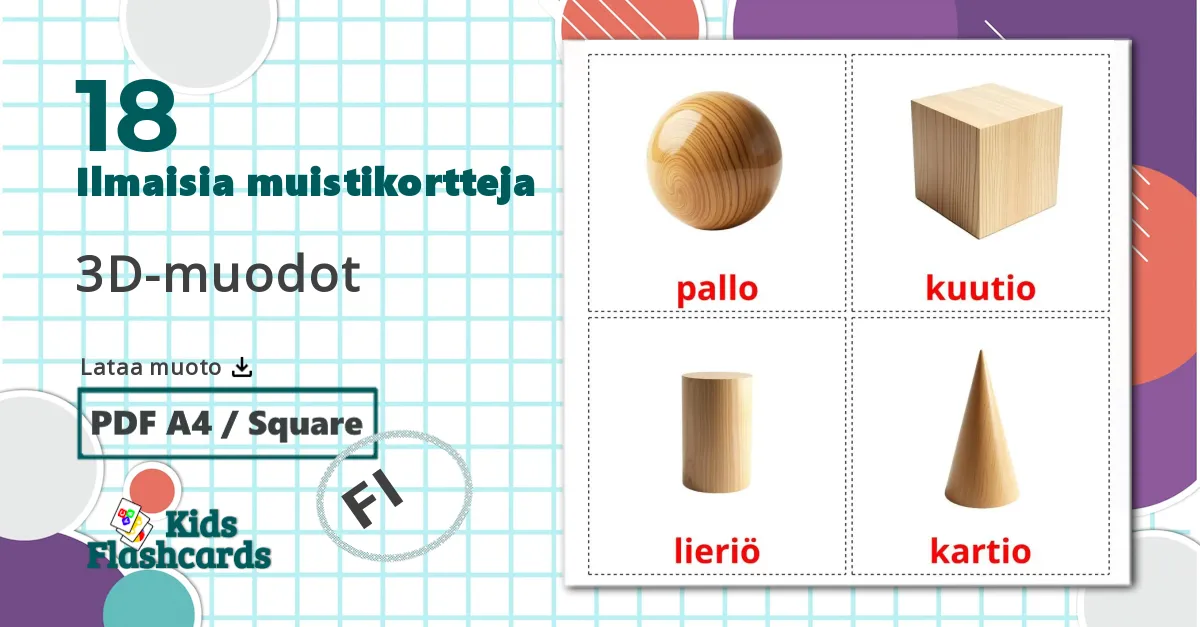18 3D-muodot lasten kuvakortit