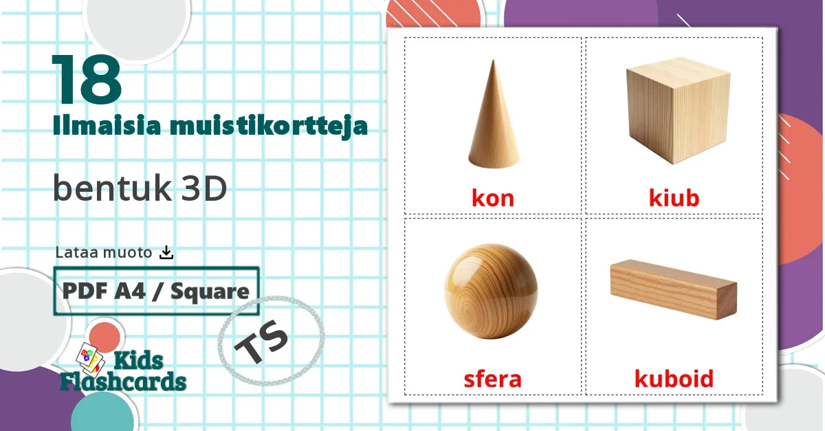 18 bentuk 3D lasten kuvakortit