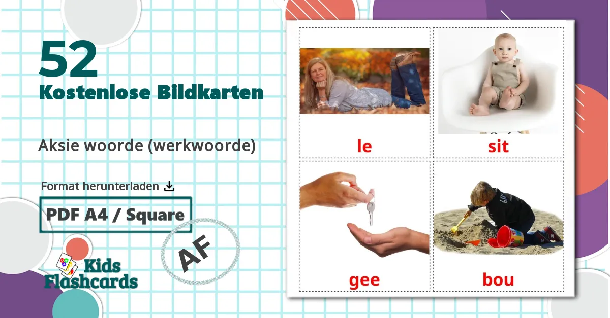 52 Bildkarten für Aksie woorde (werkwoorde)