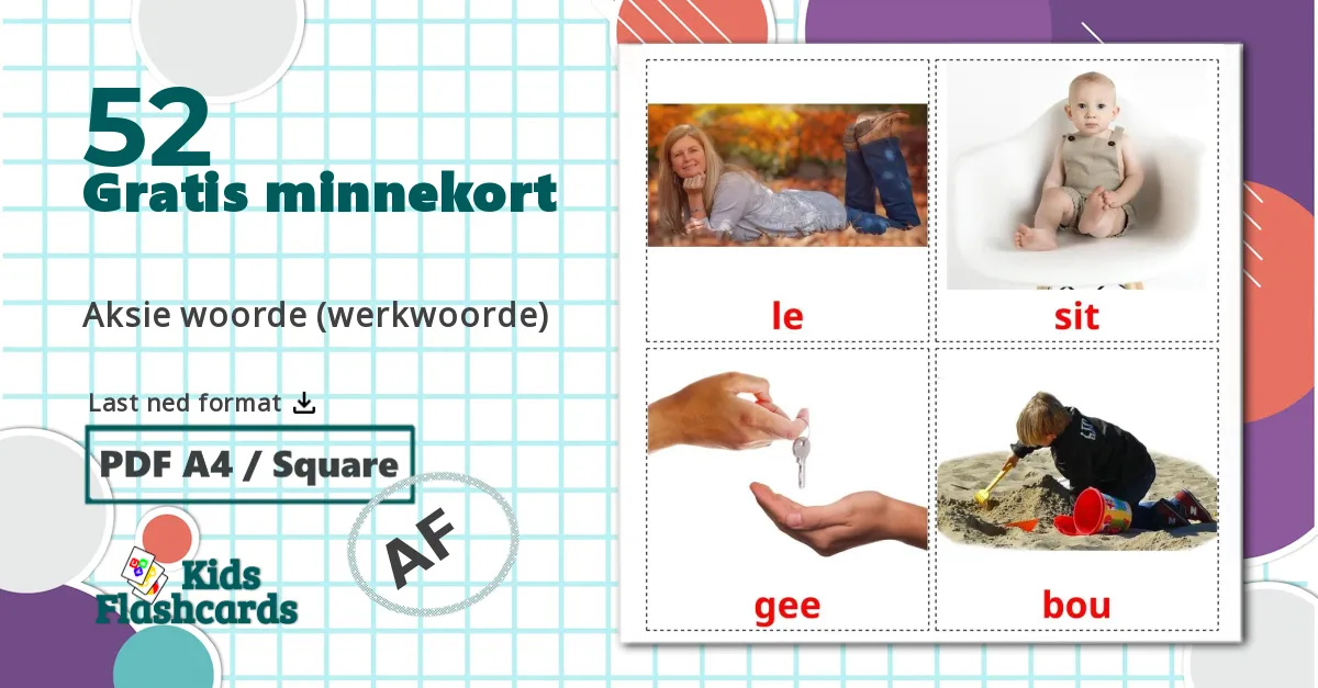 52 Aksie woorde (werkwoorde) bildekort