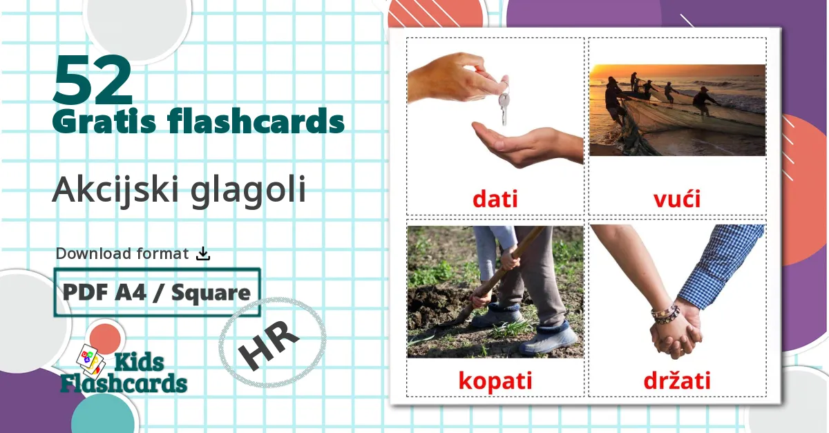 52 Akcijski glagoli billedkort for børn