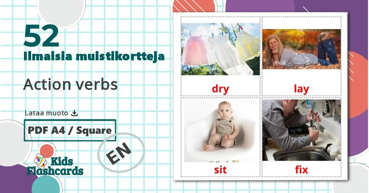 52 Action verbs lasten kuvakortit