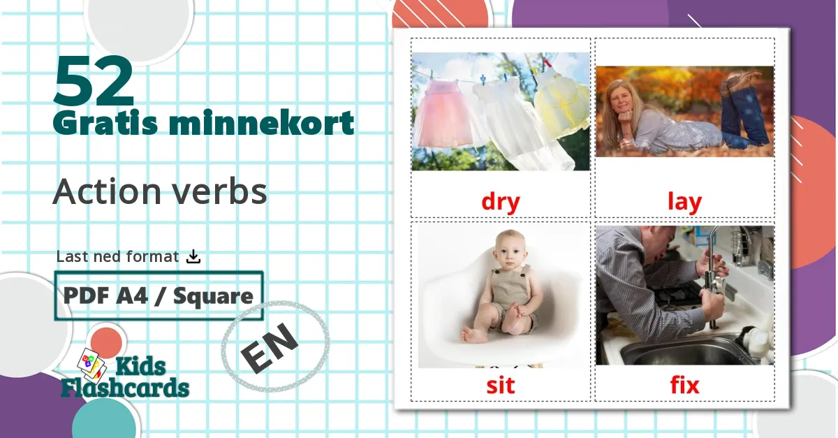 52 Action verbs bildekort