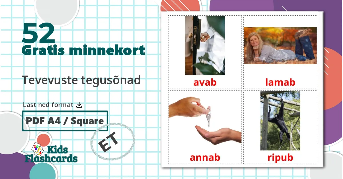 52 Tevevuste tegusõnad bildekort
