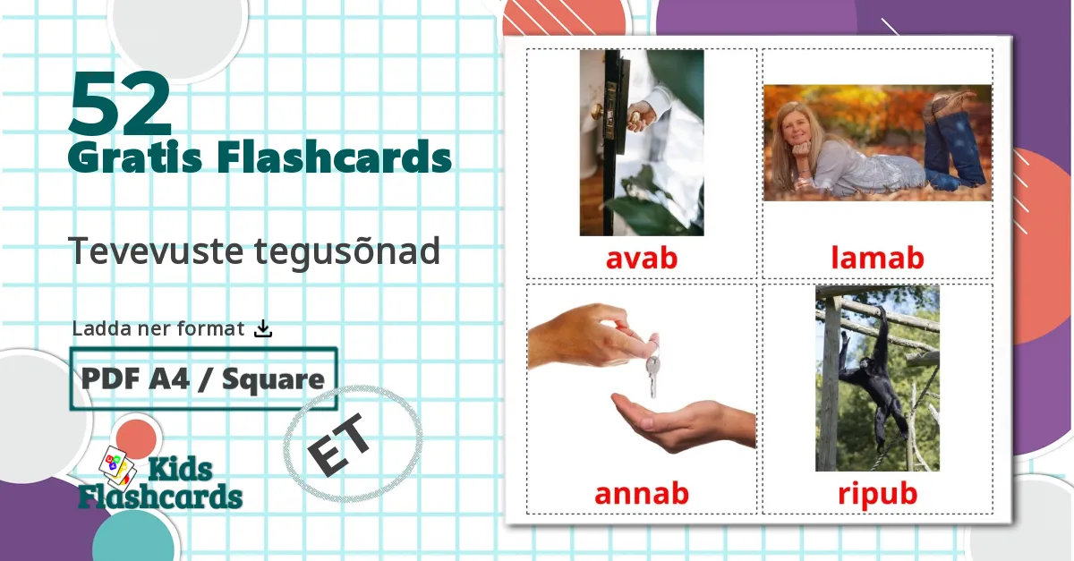 52 Tevevuste tegusõnad bildkort för barn