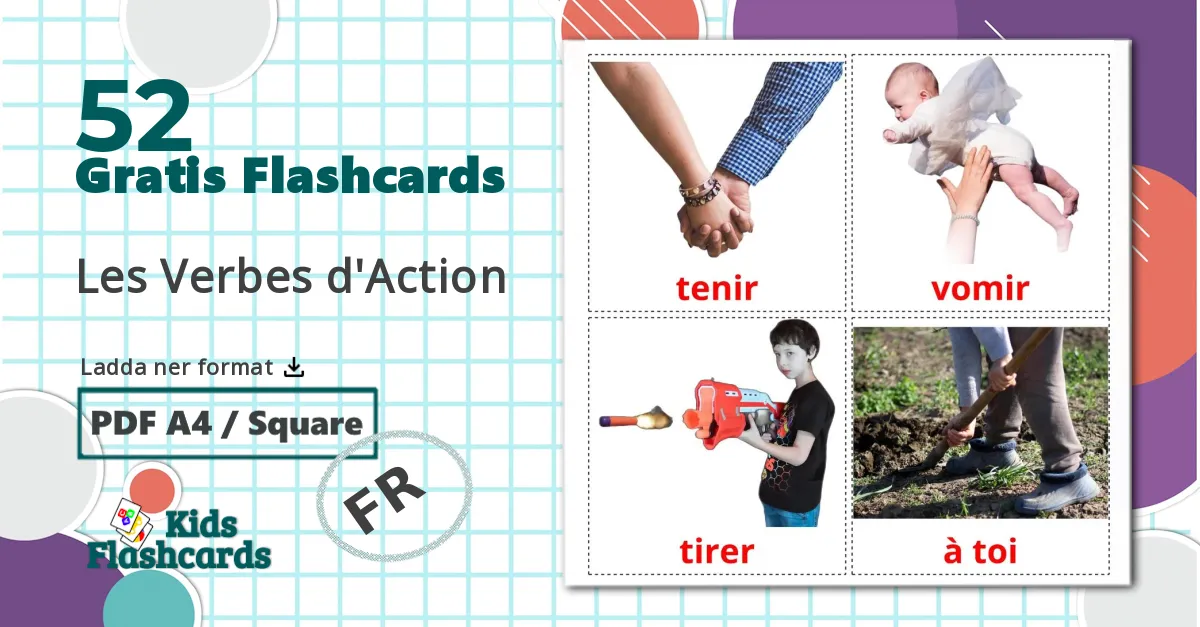 52 Les Verbes d'Action bildkort för barn