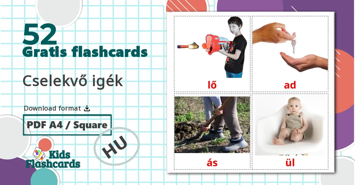 52 Cselekvő igék billedkort for børn