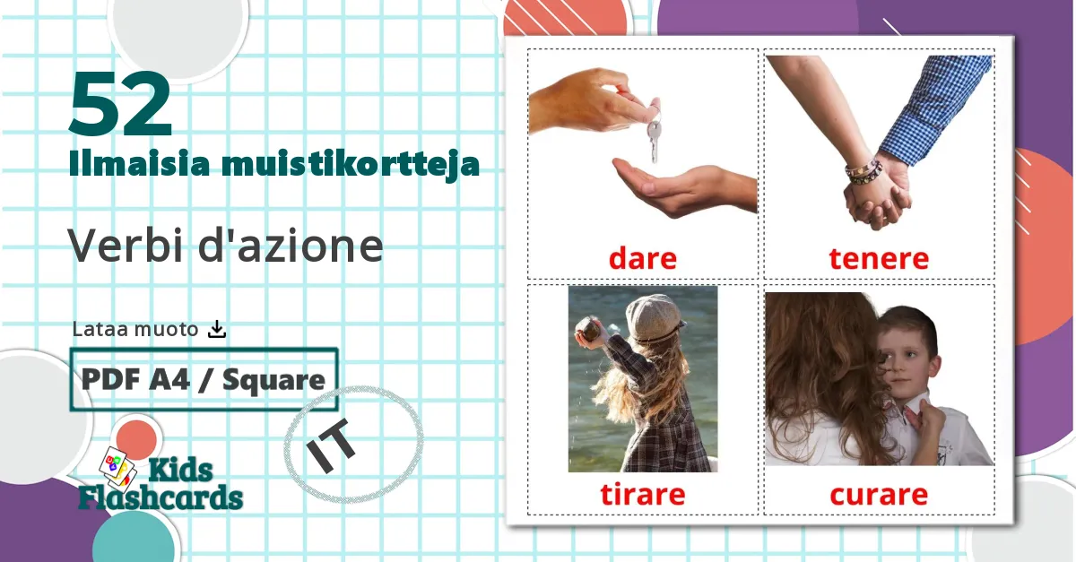 52 Verbi d'azione lasten kuvakortit