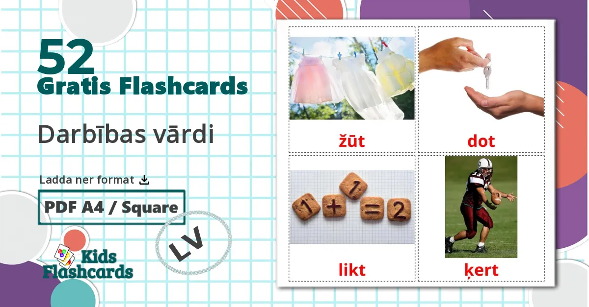 52 Darbības vārdi bildkort för barn