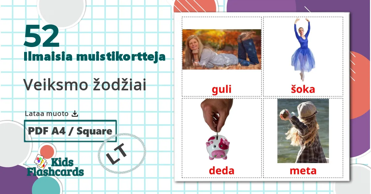 52 Veiksmo žodžiai lasten kuvakortit