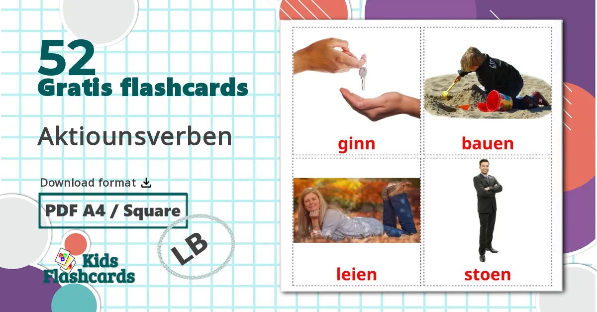 52 Aktiounsverben billedkort for børn