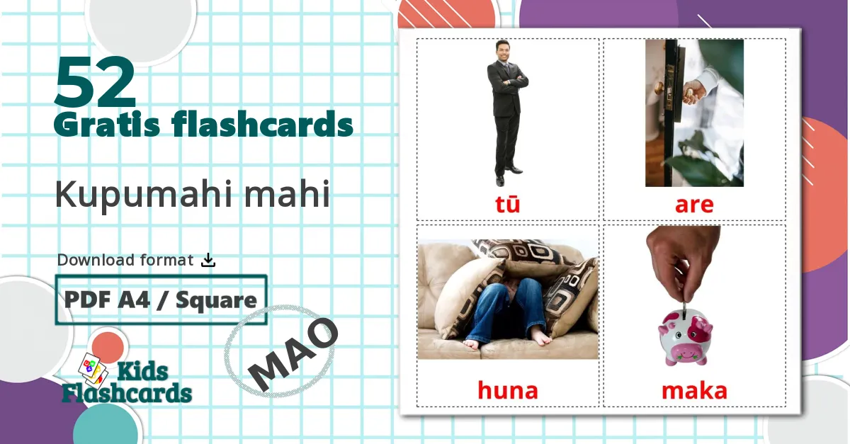 52 Kupumahi mahi billedkort for børn