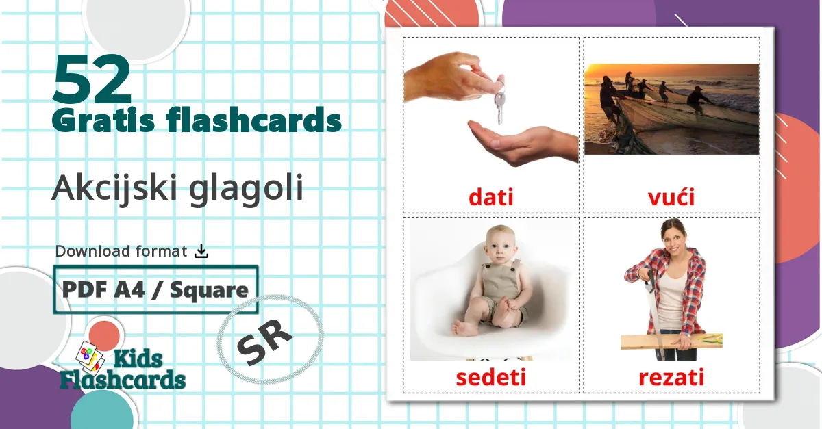 52 Akcijski glagoli billedkort for børn