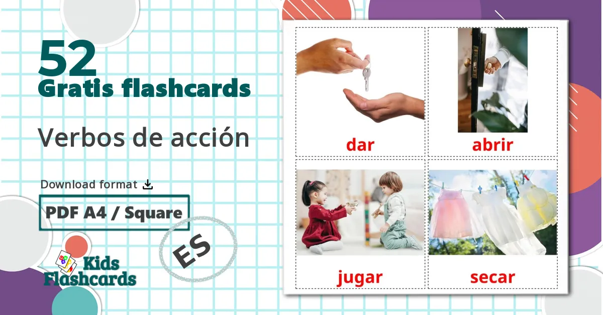 52 Verbos de acción billedkort for børn