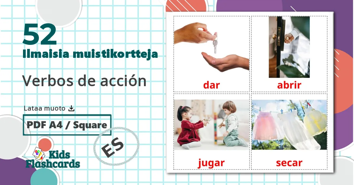 52 Verbos de acción lasten kuvakortit