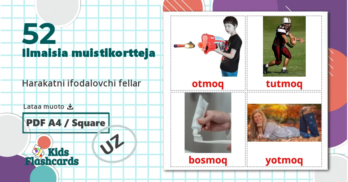 52 Harakatni ifodalovchi fellar lasten kuvakortit