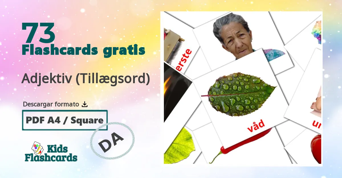 73 tarjetas didacticas de Adjektiv (Tillægsord)