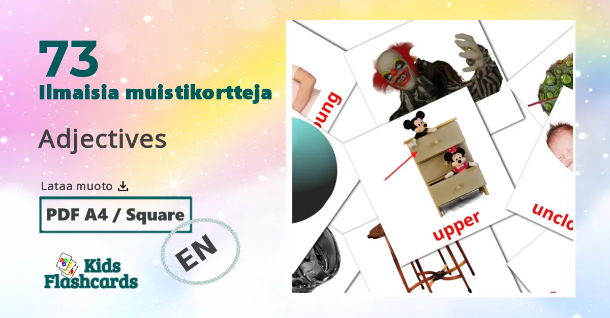Adjectives – lasten kuvakortit englantiksi sanastoon