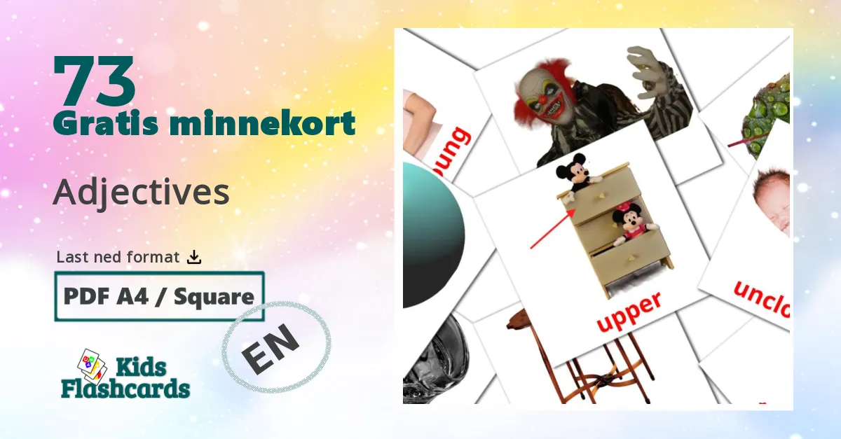 Adjectives bildekort for barn på engelsk