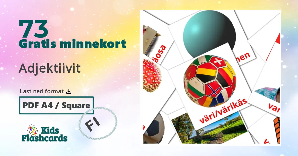 Adjektiivit bildekort for barn på finsk