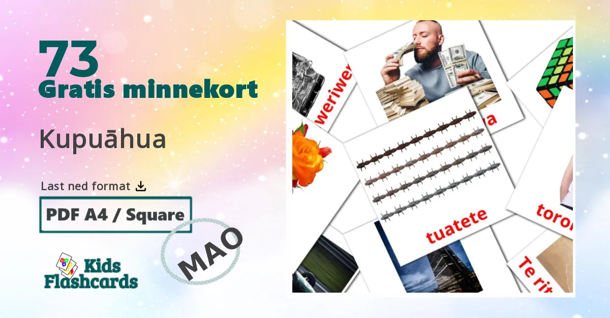 Kupuāhua bildekort for barn på maori