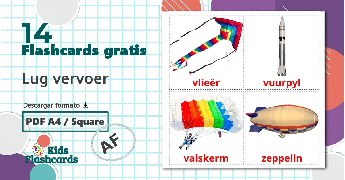 Transporte aéreo - tarjetas de vocabulario en afrikáans