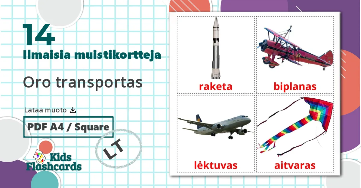 14 Oro transportas lasten kuvakortit