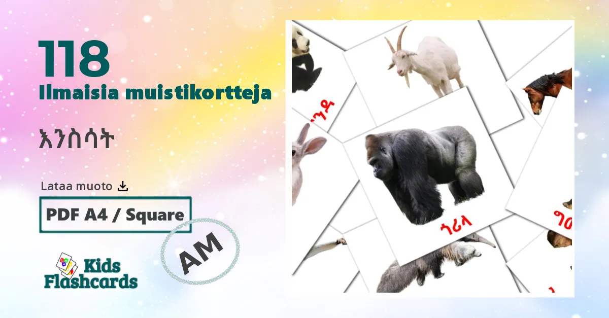 እንስሳት – lasten kuvakortit amharicksi sanastoon