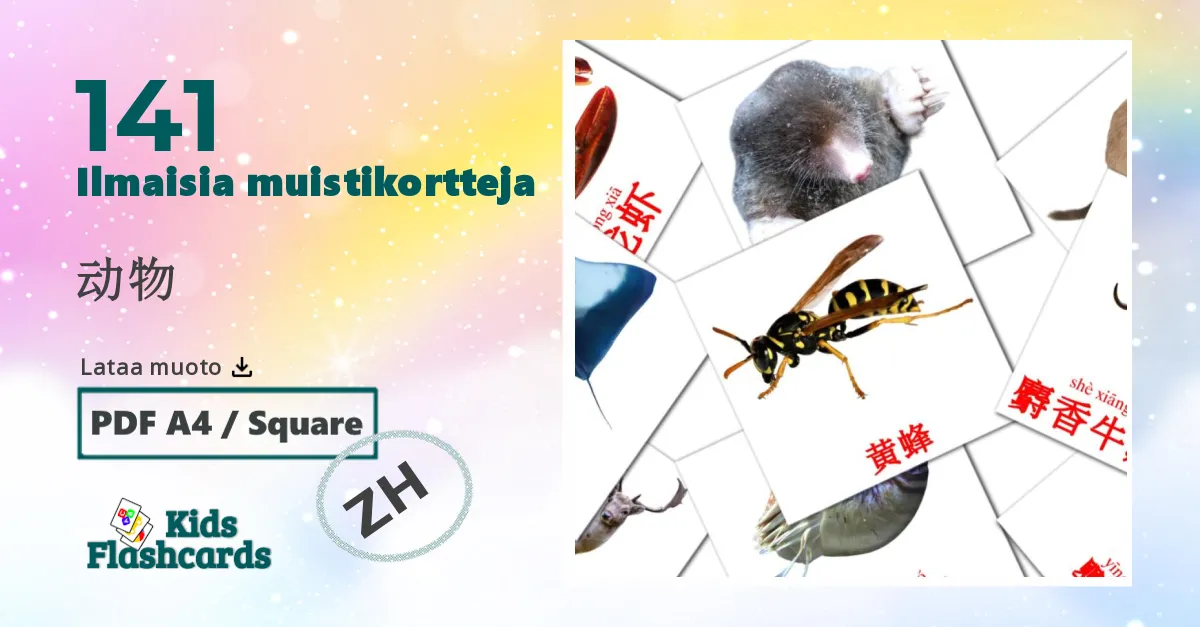动物 – lasten kuvakortit kiinaksi(yksinkertaistettu) sanastoon