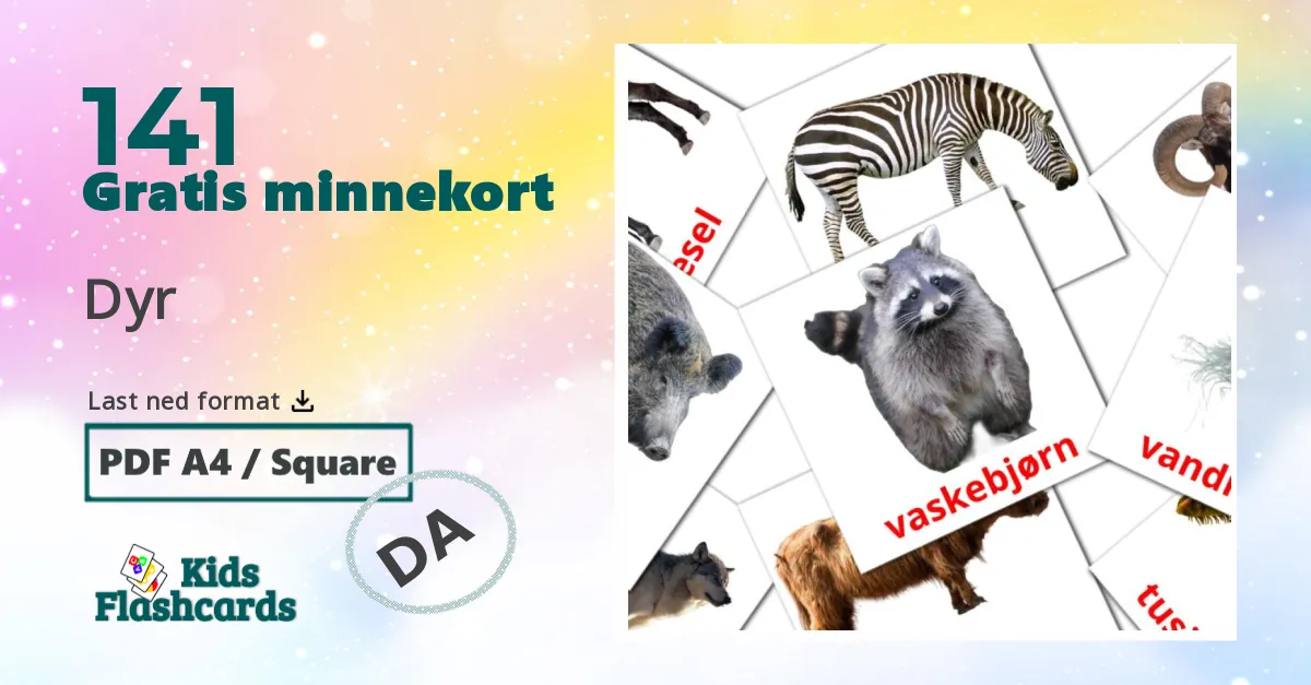 Dyr bildekort for barn på dansk