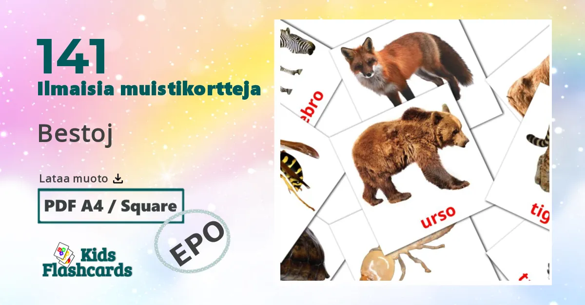 Eläimet lasten kuvakortit