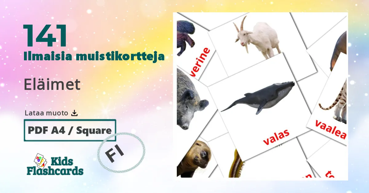 Eläimet – lasten kuvakortit suomiksi sanastoon