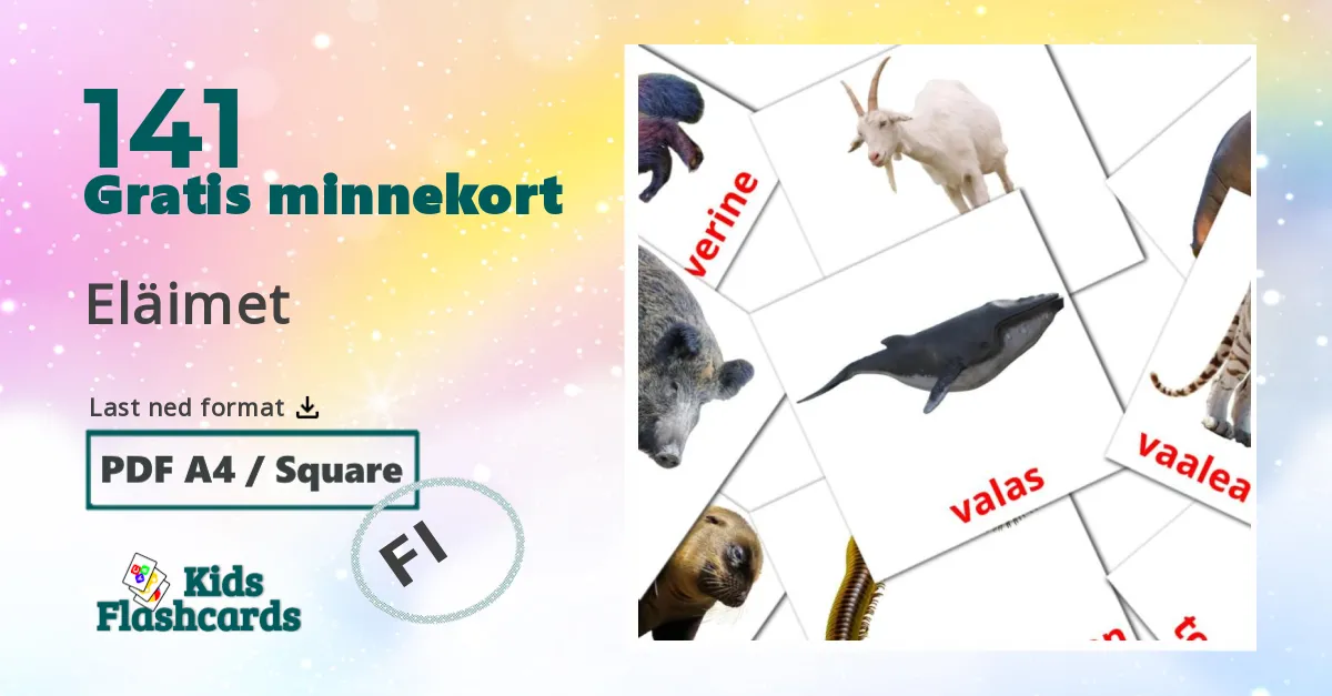 Eläimet bildekort for barn på finsk
