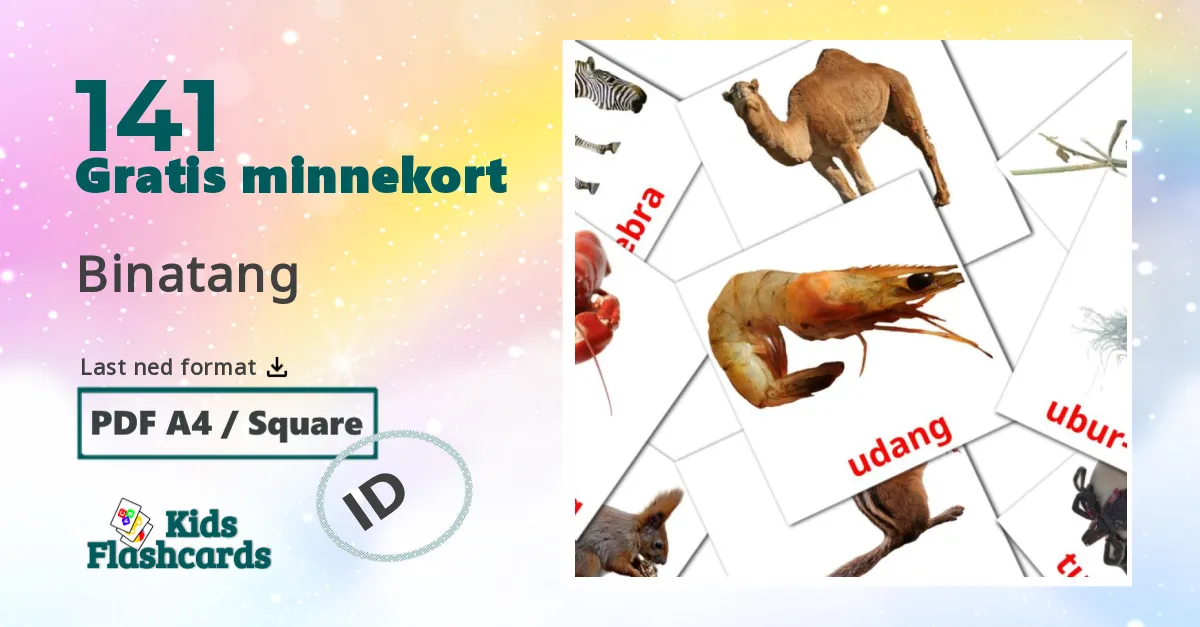 Binatang bildekort for barn på indonesisk