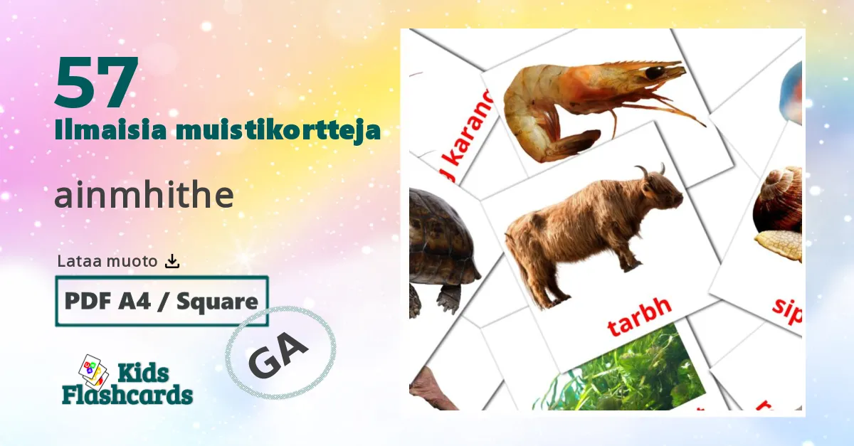 ainmhithe – lasten kuvakortit irlantilaiseksi sanastoon
