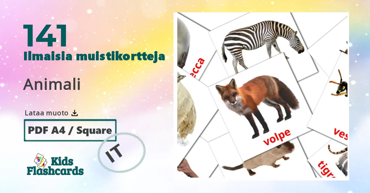 Animali – lasten kuvakortit italialaiseksi sanastoon