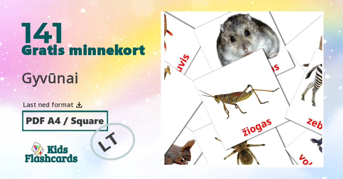 Gyvūnai bildekort for barn på litauisk