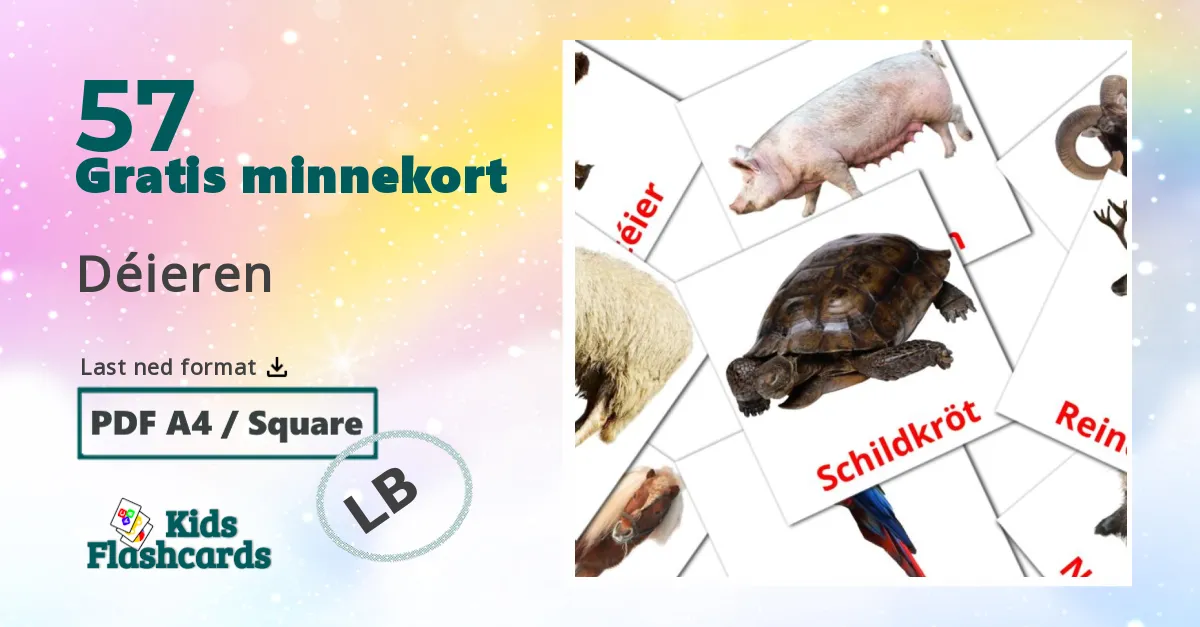 Déieren bildekort for barn på luxembourgsk