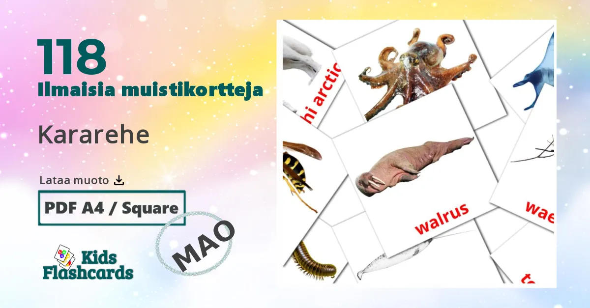 Kararehe – lasten kuvakortit maoriksi sanastoon