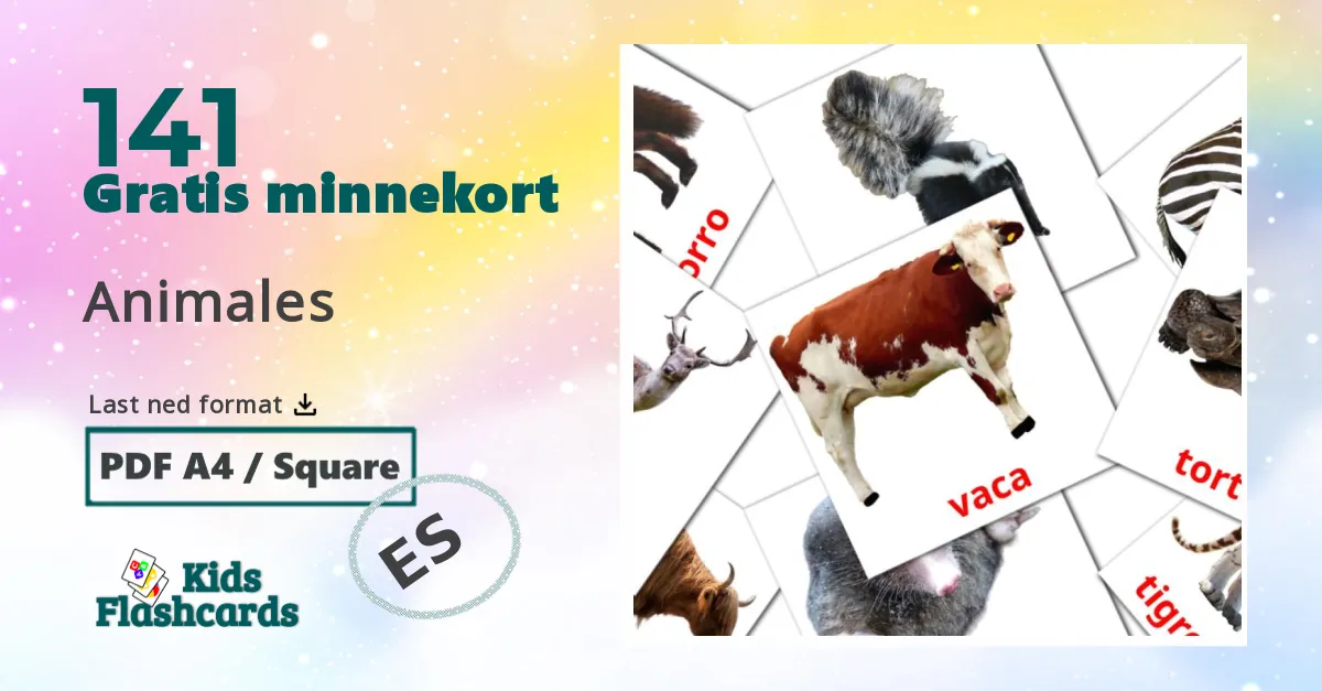 Animales bildekort for barn på spansk