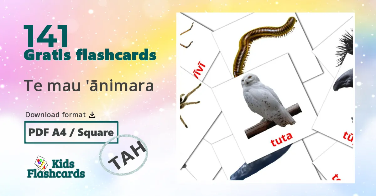 Te mau 'ānimara tahitisk ordforråd billedkort for børn