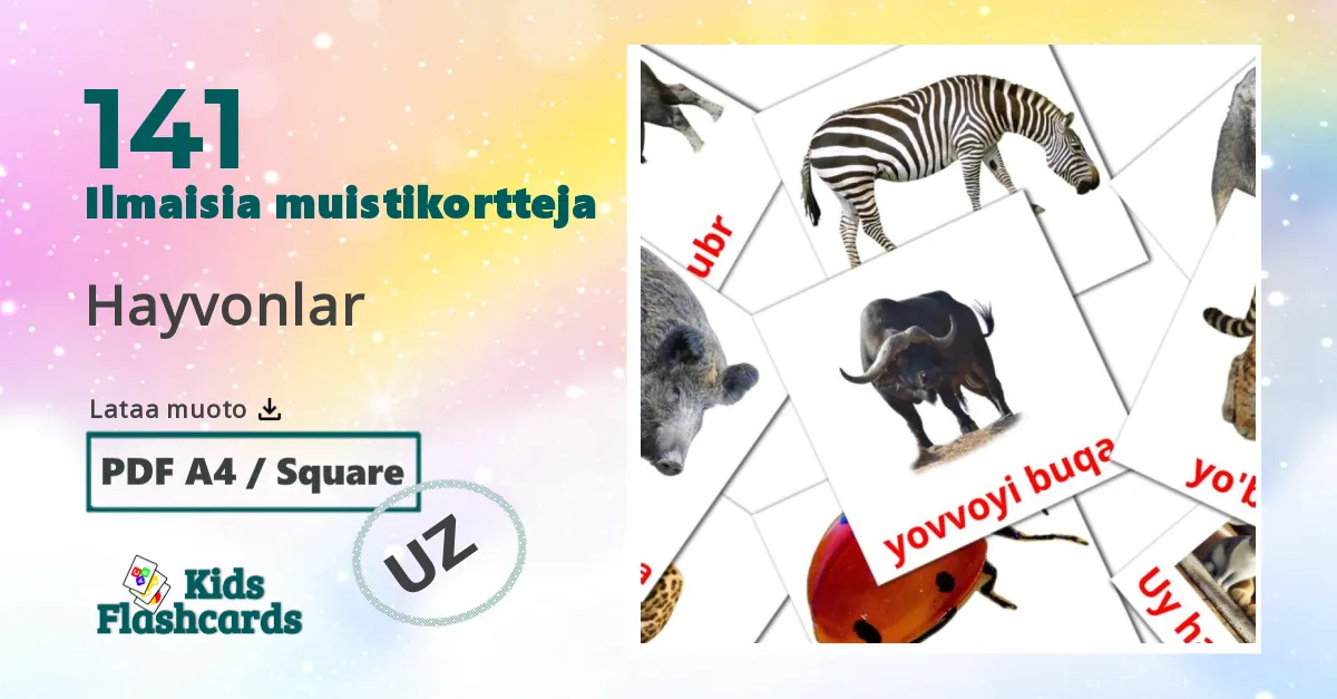Hayvonlar – lasten kuvakortit uzbekkiksi sanastoon