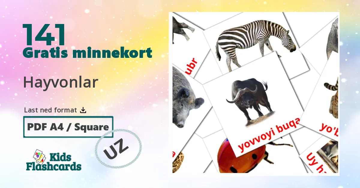 Hayvonlar bildekort for barn på uzbek