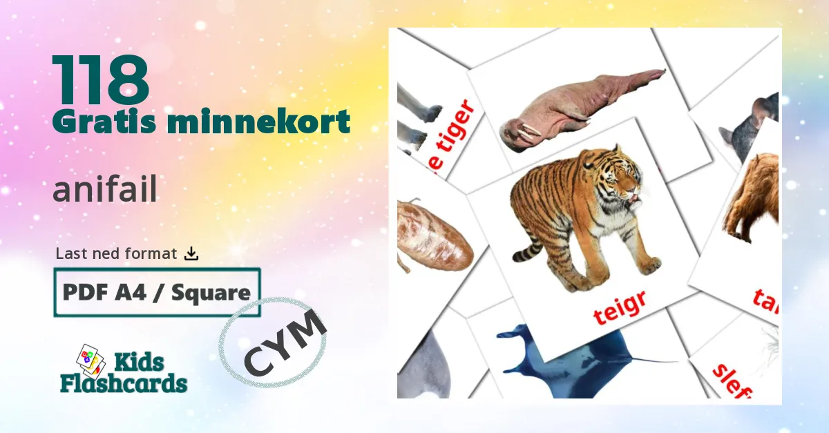 anifail bildekort for barn på walisisk