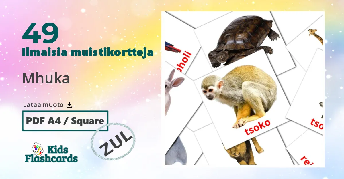 Mhuka – lasten kuvakortit zuluksi sanastoon
