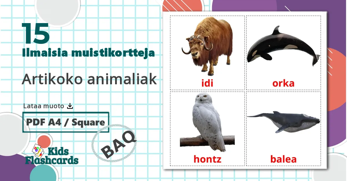15 Artikoko animaliak lasten kuvakortit